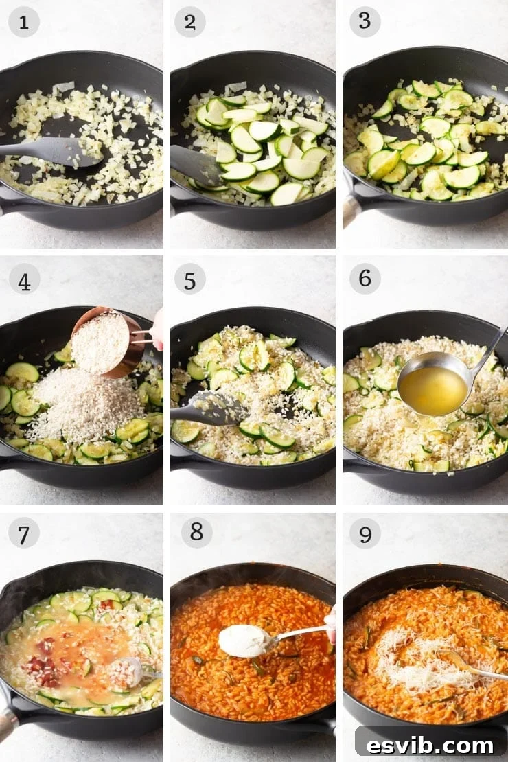 Risotto Cooking Process: Sautéing and Toasting Step-by-step photos for making creamy tomato risotto showing onion, zucchini, garlic, and rice preparation, followed by the addition of stock and tomato paste.