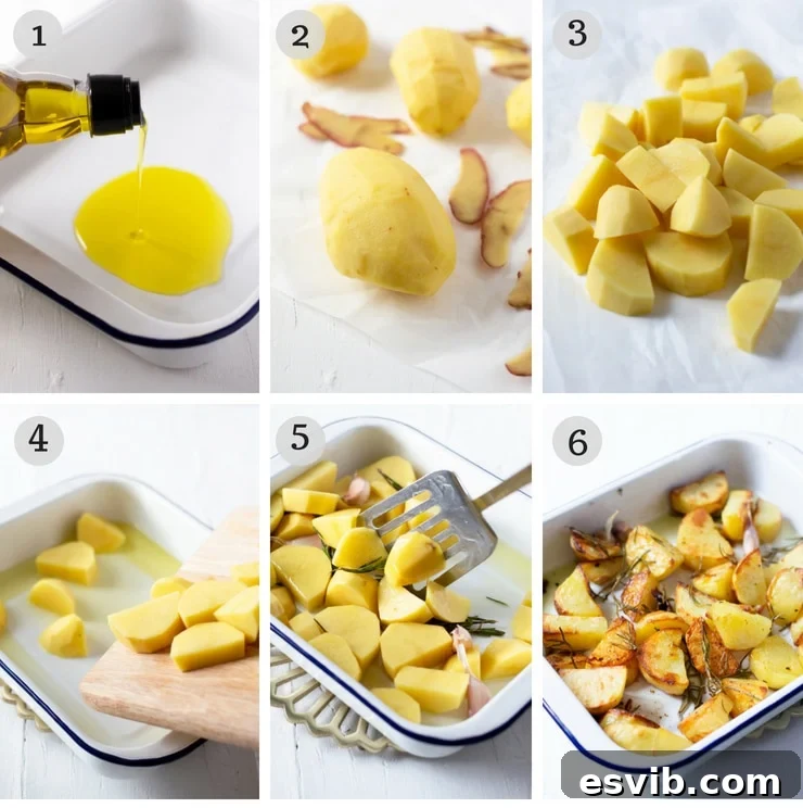 Italian Rosemary Garlic Roast Potatoes 2 Step-by-step photos illustrating the process of making Italian roast potatoes, showing chopped potatoes and tossing them with oil and seasonings