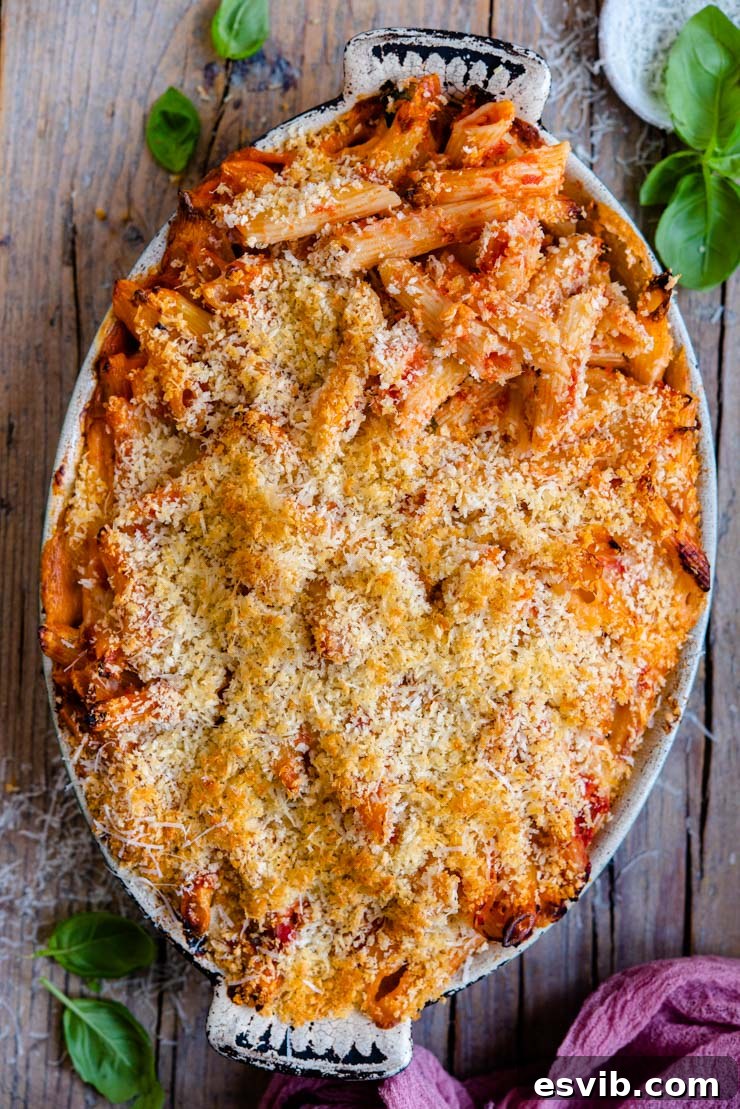 An overhead shot of pasta al forno in a baking dish, showcasing its golden-brown topping and rich filling
