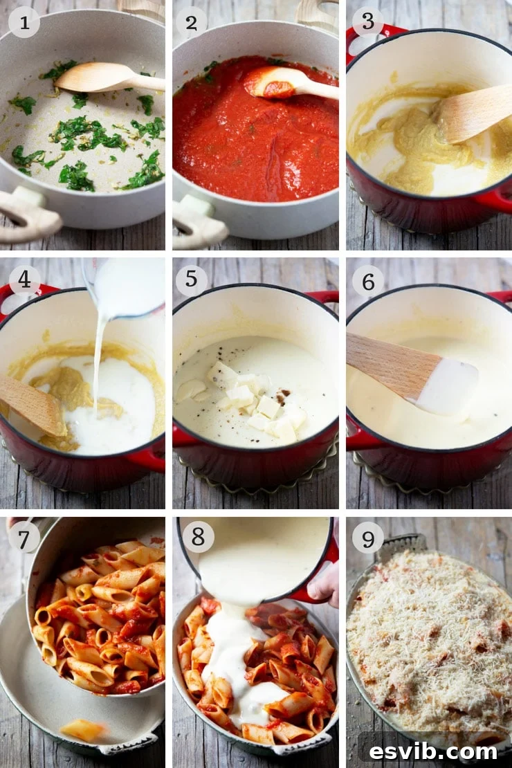 Step by step photos for making pasta al forno, showing the tomato sauce preparation