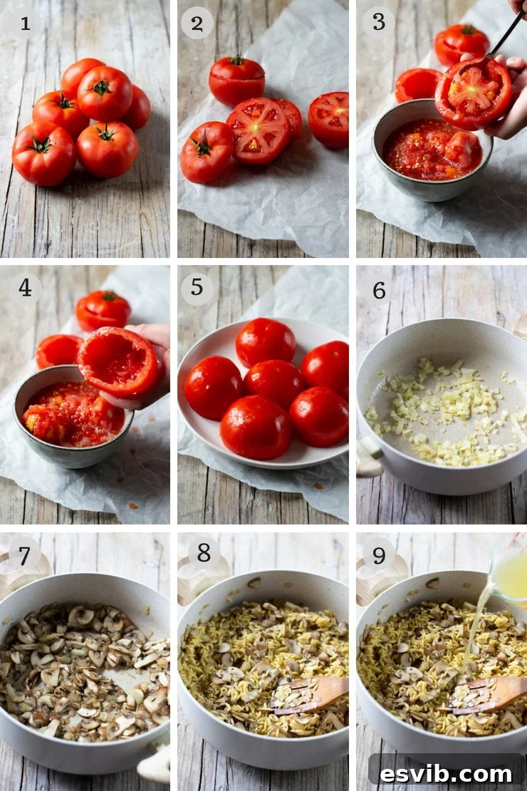 Visual guide: Preparing fresh tomatoes for a savory filling. A sequence of images demonstrating the steps to prepare tomatoes for stuffing, including cutting the top, hollowing out the flesh, and salting for drainage.