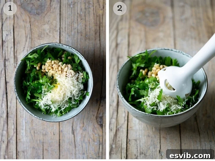 Step-by-step photos illustrating the process of making parsley pesto in a blender.