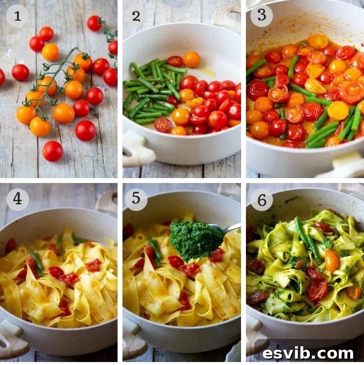 Step-by-step photos showing the preparation of pesto pasta with green beans and cherry tomatoes in a pan