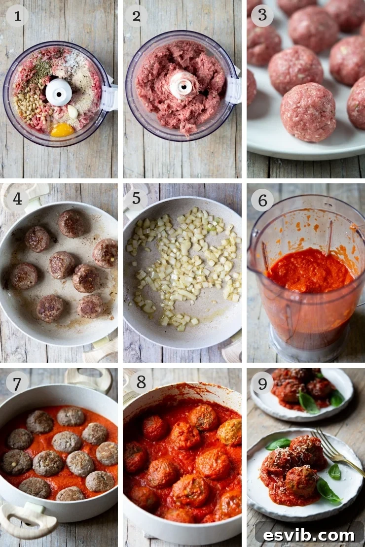 Step by step photos showing how to make Italian polpette meatballs from scratch with a tomato sauce