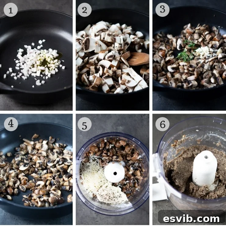Step by step photos for making the mushroom filling for mushroom ravioli