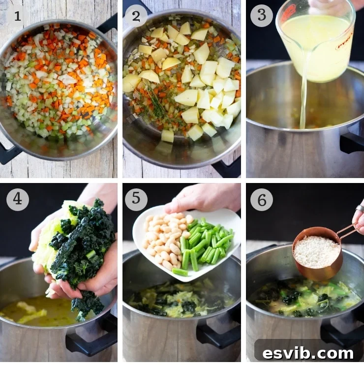 Sequential photos demonstrating how to prepare Tuscan minestrone soup, showcasing the cooking process from start to finish.