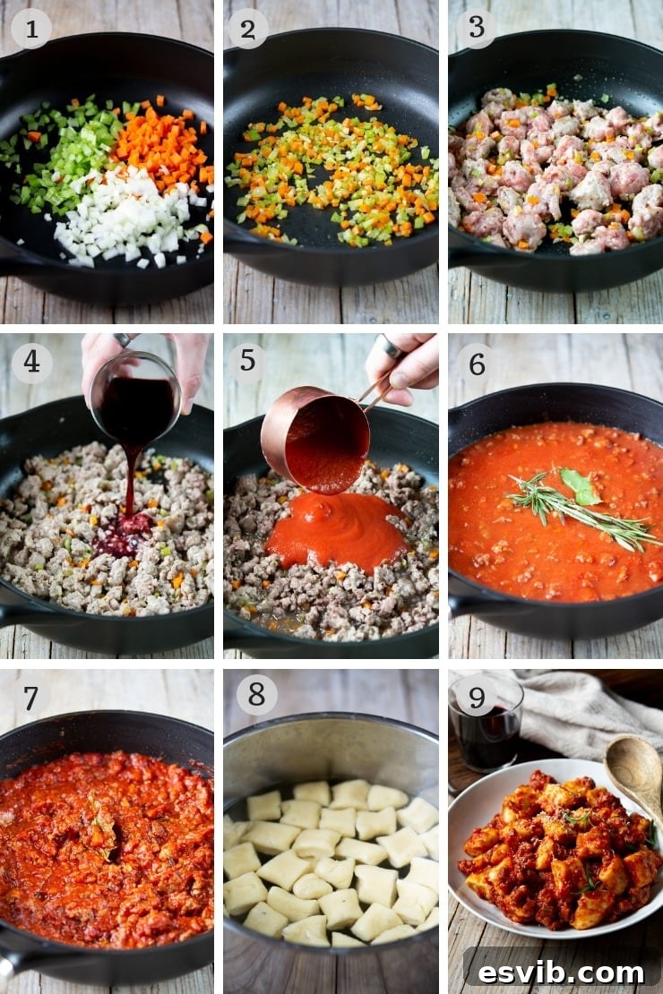 Step by step photos illustrating the process of making an Italian sausage ragu, including cooking soffritto and browning sausage.