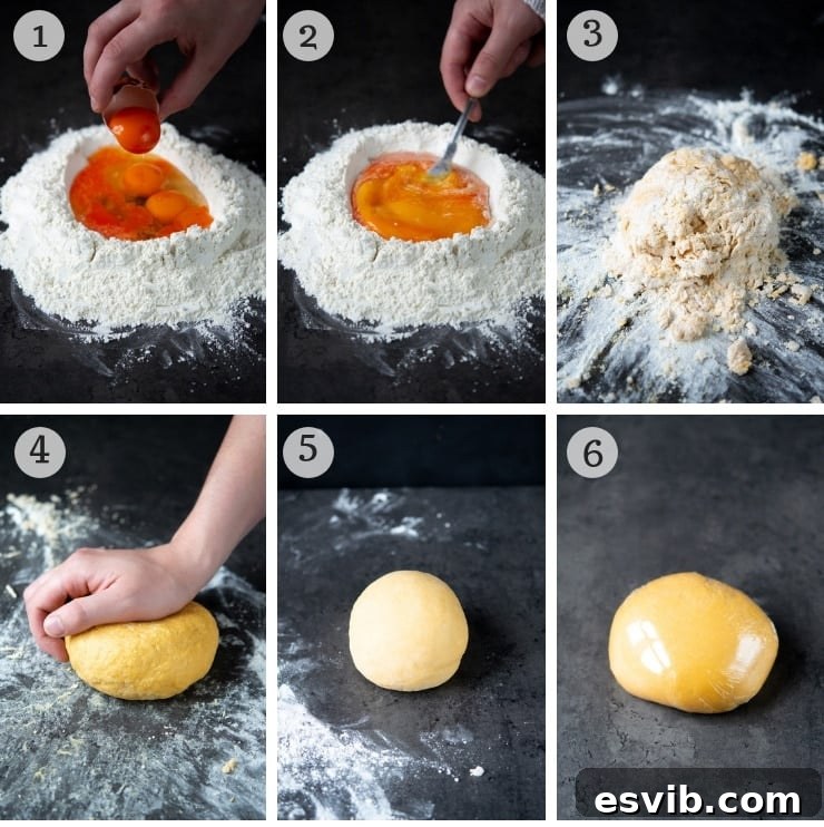 Homemade Pasta Dough. How to make easy homemade pasta dough from scratch. Make lasagne sheets, tagliatelle, pappardelle and so much more. Serve with your favourite pasta sauce for the ultimate comfort food meal. | Italian Pasta Recipes | Authentic Italian Pasta Recipes | #Insidetherustickitchen #pasta #Italian #Italianrecipes Step by step photos for making homemade pasta dough showing flour and eggs being mixed