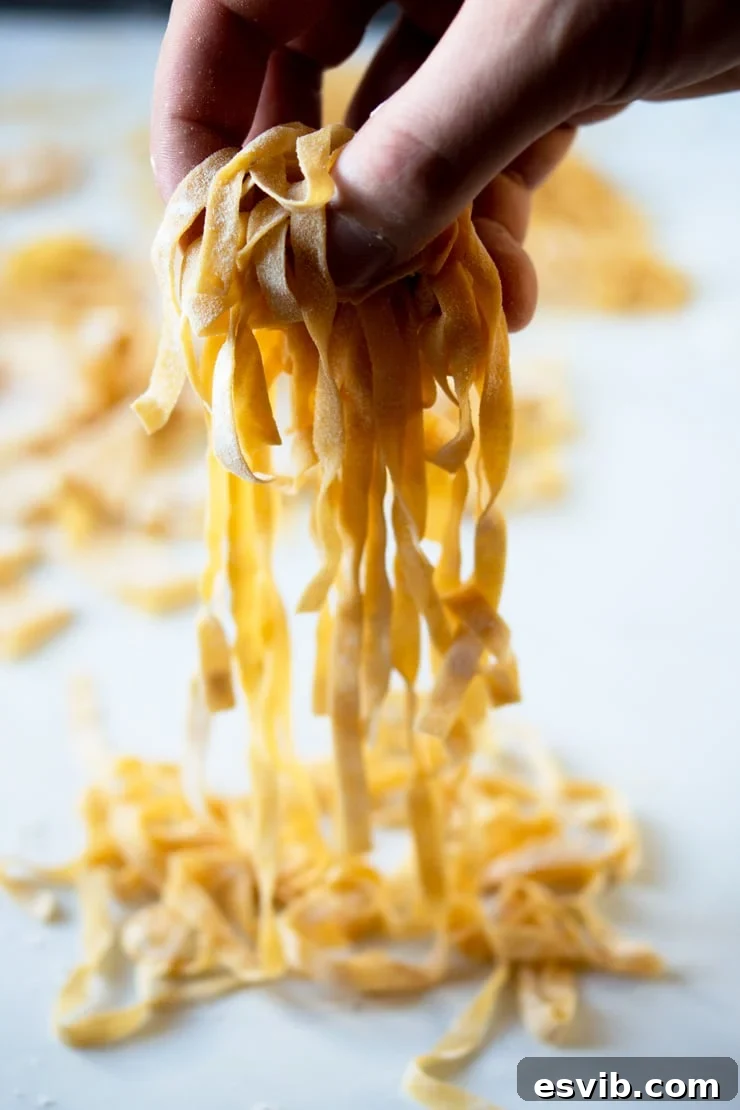 Homemade Pasta Dough. How to make easy homemade pasta dough from scratch. Make lasagne sheets, tagliatelle, pappardelle and so much more. Serve with your favourite pasta sauce for the ultimate comfort food meal. | Italian Pasta Recipes | Authentic Italian Pasta Recipes | #Insidetherustickitchen #pasta #Italian #Italianrecipes A hand holding freshly made tagliatelle with homemade pasta dough, ready to be cooked