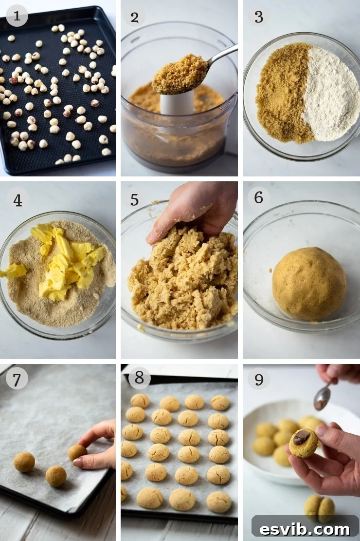 Step-by-step photos for making Lady's Kisses cookies, including mixing ingredients and forming dough.