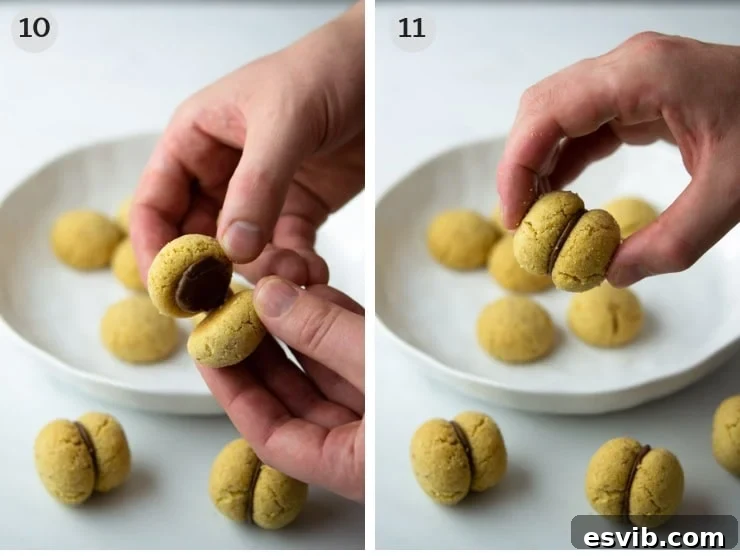 A two-collage image showing the process of sandwiching together Lady's Kisses cookies with chocolate hazelnut spread.