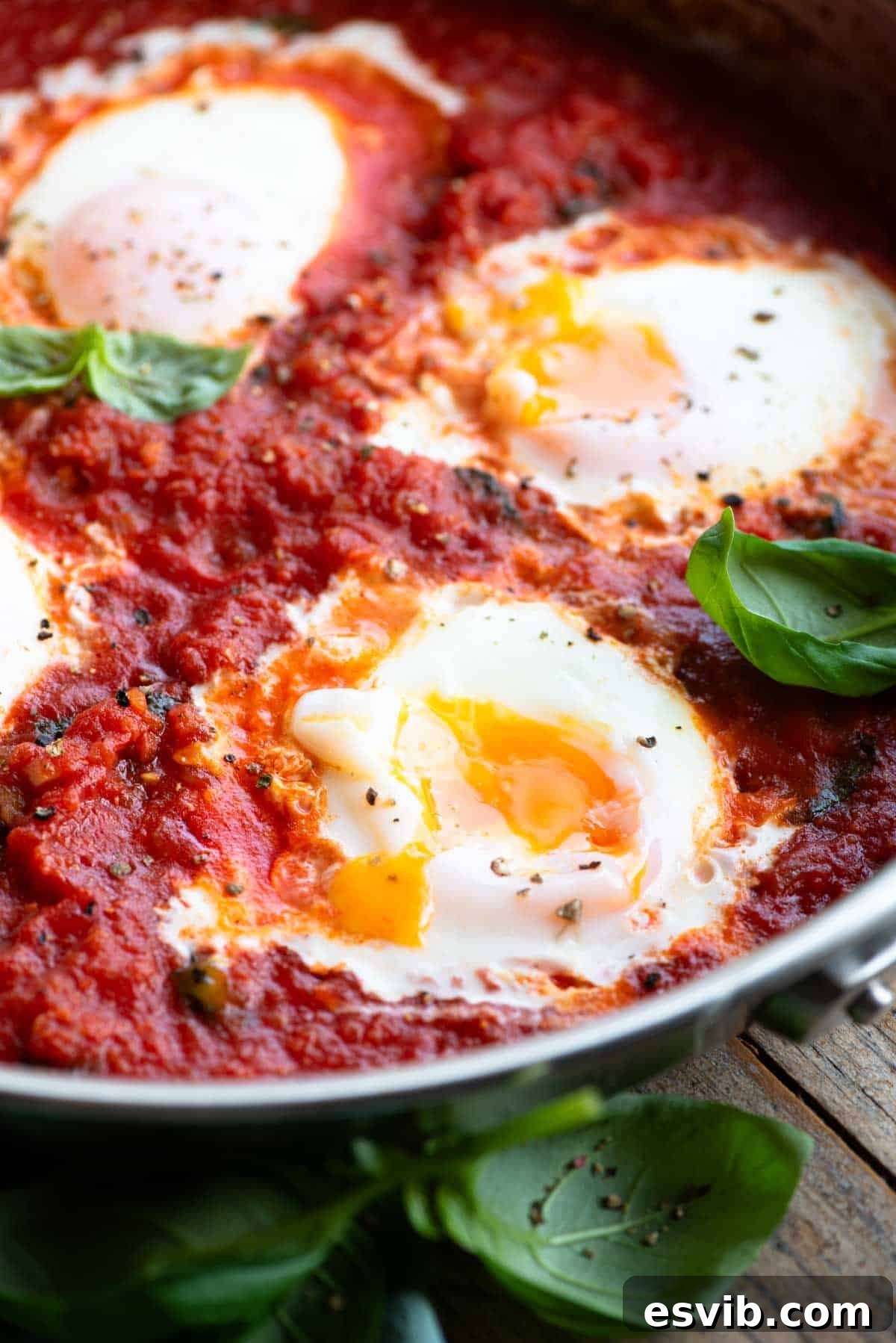 Fiery Nduja Purgatory Eggs 2 A close up of eggs in purgatory with a runny yolk in a pan, featuring a vibrant red sauce and fresh basil.