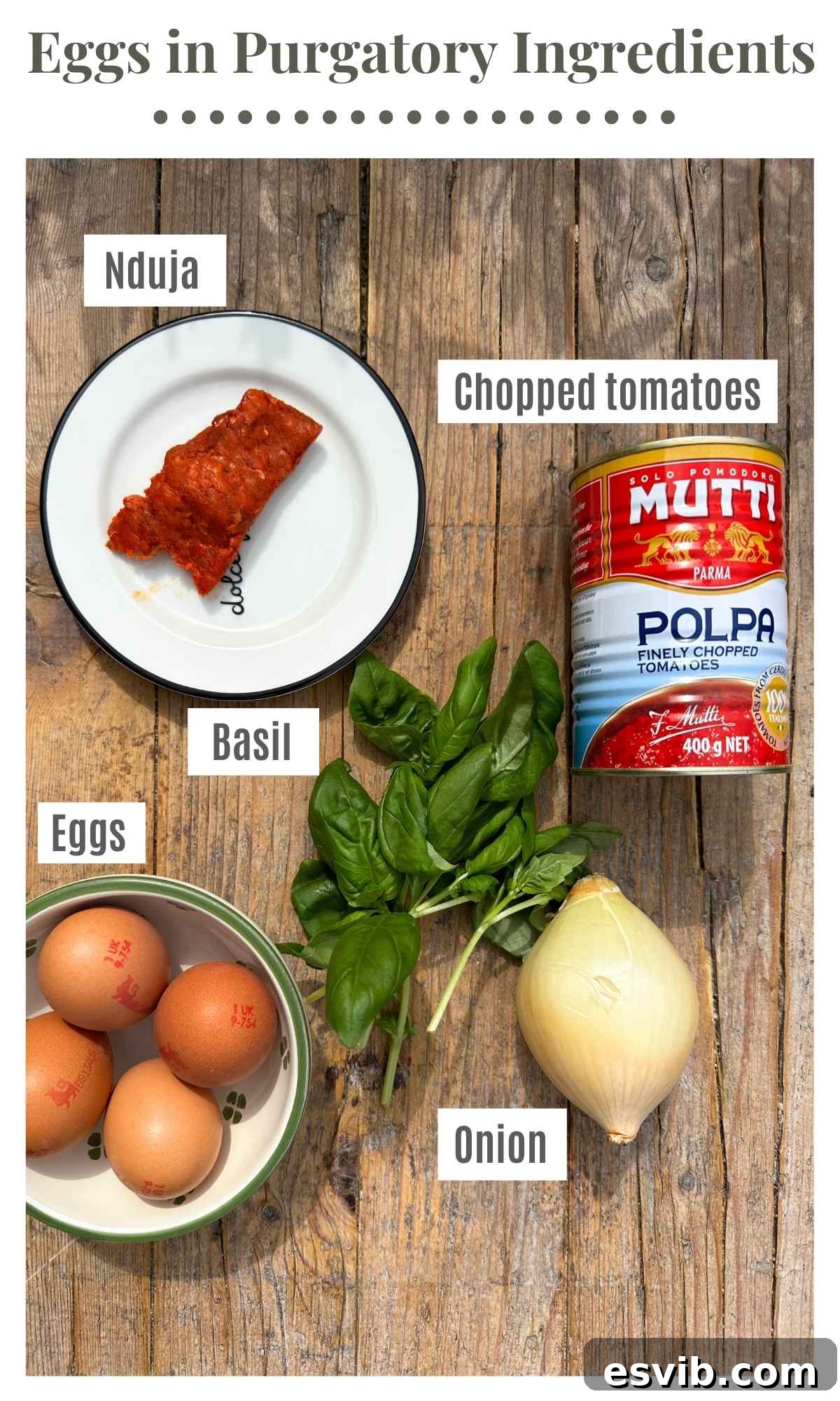 Fiery Nduja Purgatory Eggs 3 The ingredients to make spicy nduja eggs in purgatory on a rustic wooden surface. The ingredients are labelled: Nduja, chopped tomatoes, onion, basil, eggs.