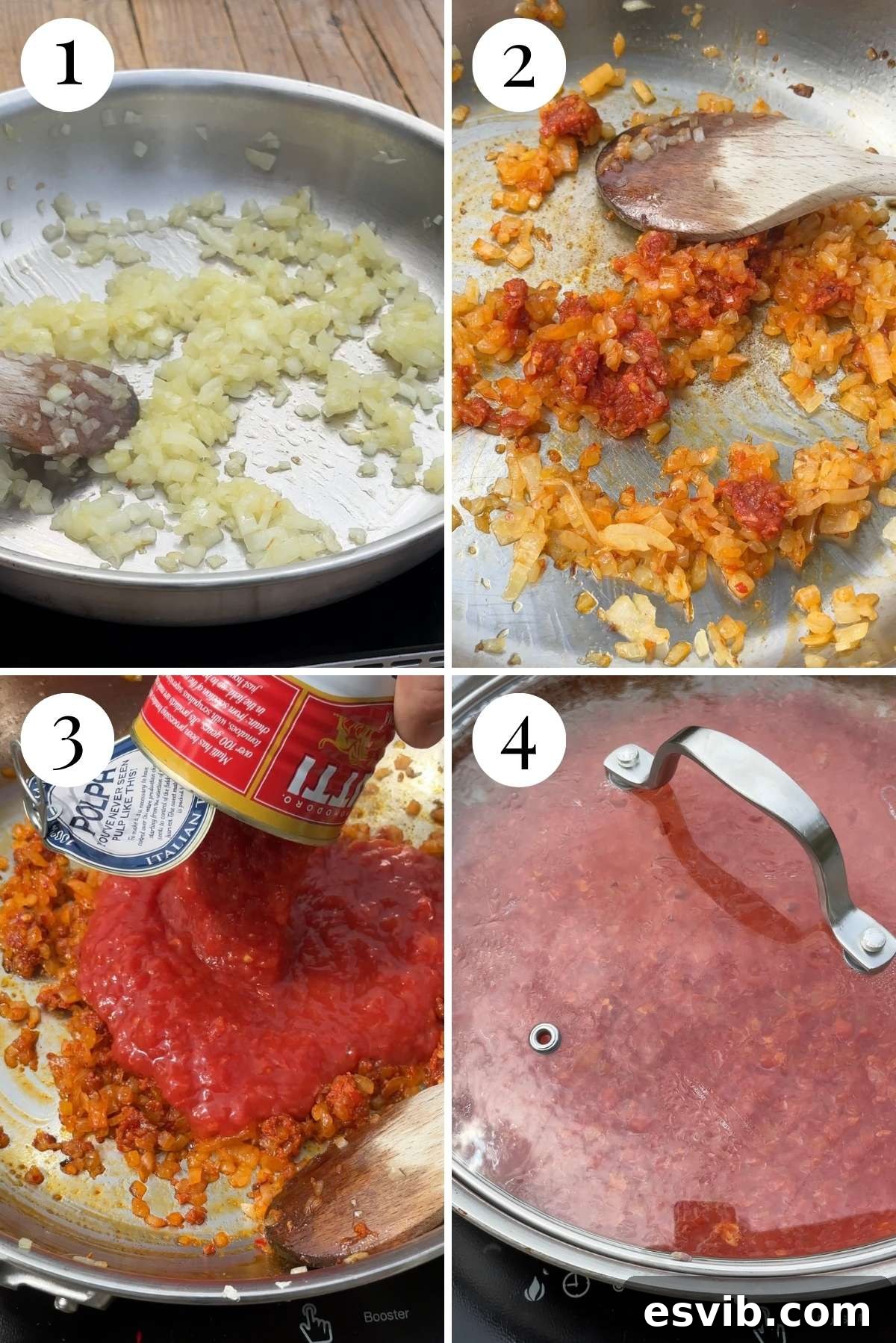 Fiery Nduja Purgatory Eggs 4 Four photos in a collage showing how to make a tomato sauce with onion and nduja, illustrating the initial steps of sautéing the onion and melting the Nduja.