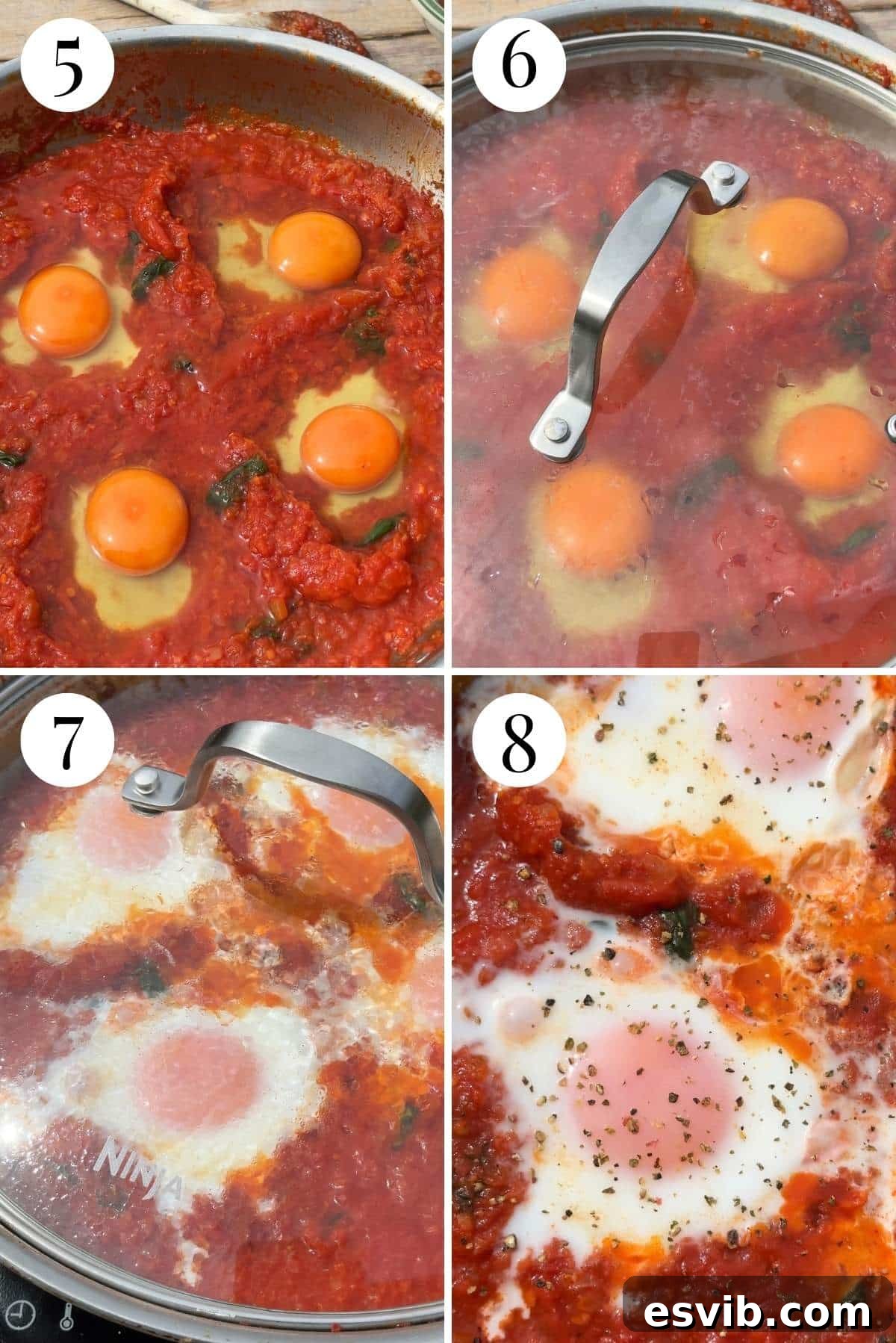Fiery Nduja Purgatory Eggs 5 Four photos in a collage showing how to lightly poach eggs in a tomato sauce, from making wells to the finished poached eggs.