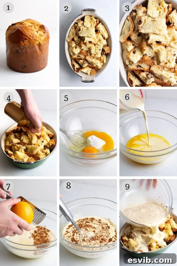 Panettone Bread Pudding: Step-by-Step Visual Guide for an Easy and Comforting Christmas Dessert Step-by-step imagery showcasing the careful preparation of panettone bread pudding, from expertly chopping the panettone to meticulously mixing the creamy custard, illustrating key stages for home bakers seeking perfection.
