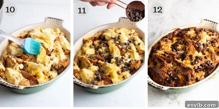 Final Stages of Panettone Bread Pudding Preparation: Pouring Custard, Buttering, and Chocolate Topping A sequence of three detailed step-by-step photos demonstrating the crucial final stages of making panettone bread pudding: meticulously pouring creamy custard, brushing the top with melted butter, and generously scattering chocolate chips just before baking.