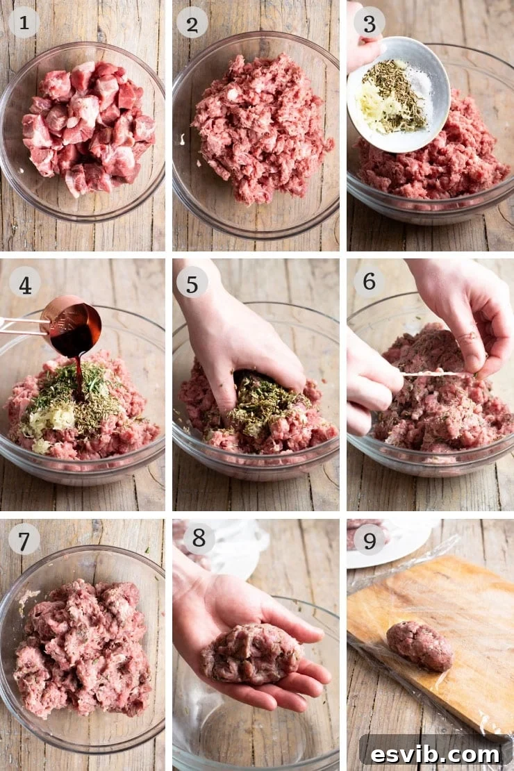 Step-by-step photos illustrating the process of making Italian homemade sausage from dicing pork to mixing ingredients, ensuring the right texture and seasoning blend.