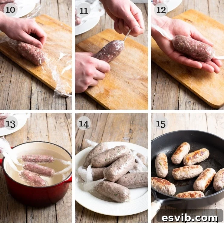 Step-by-step photos demonstrating how to roll and tie homemade Italian sausages using cling film, followed by a brief poaching step to set their shape and prepare them for cooking.