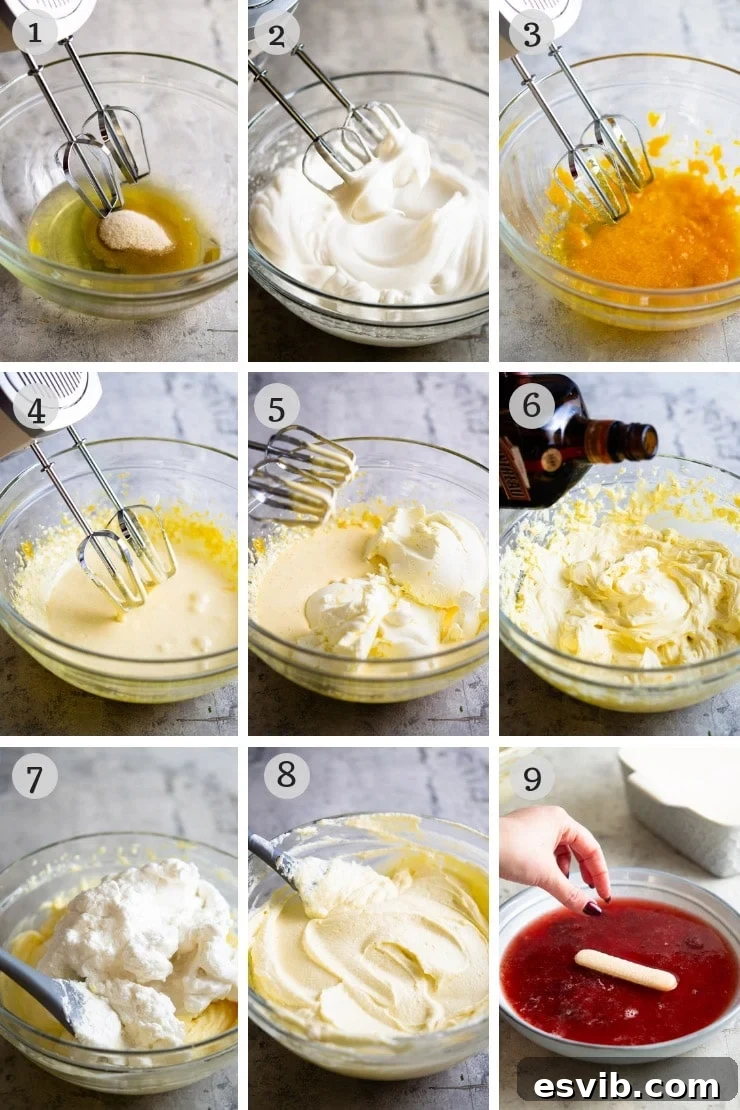 Step-by-step photos demonstrating the process of whipping egg whites, beating egg yolks, and combining with mascarpone for strawberry tiramisu.