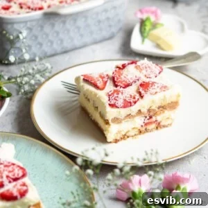 Close-up of a delicious Strawberry Tiramisu with white chocolate, ready to be served.