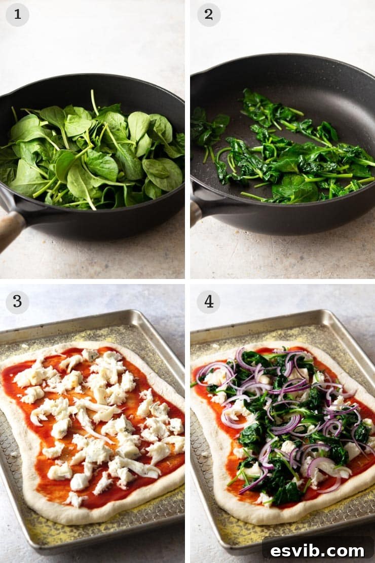 Step by step photos showing how to prepare a homemade spinach pizza with cheese and red onion, illustrating the process of layering toppings before baking.