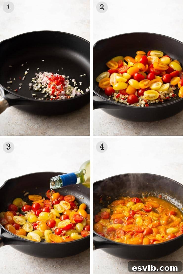 Step-by-step image depicting finely chopped garlic, shallots, and fresh red chili gently sautéing in shimmering olive oil in a wide pan, creating the aromatic base for the shrimp linguine sauce.