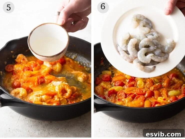 A two-part step-by-step image showing raw shrimp being added to the simmering tomato and white wine sauce, then cooking until the shrimp turn perfectly pink, ready for the pasta.