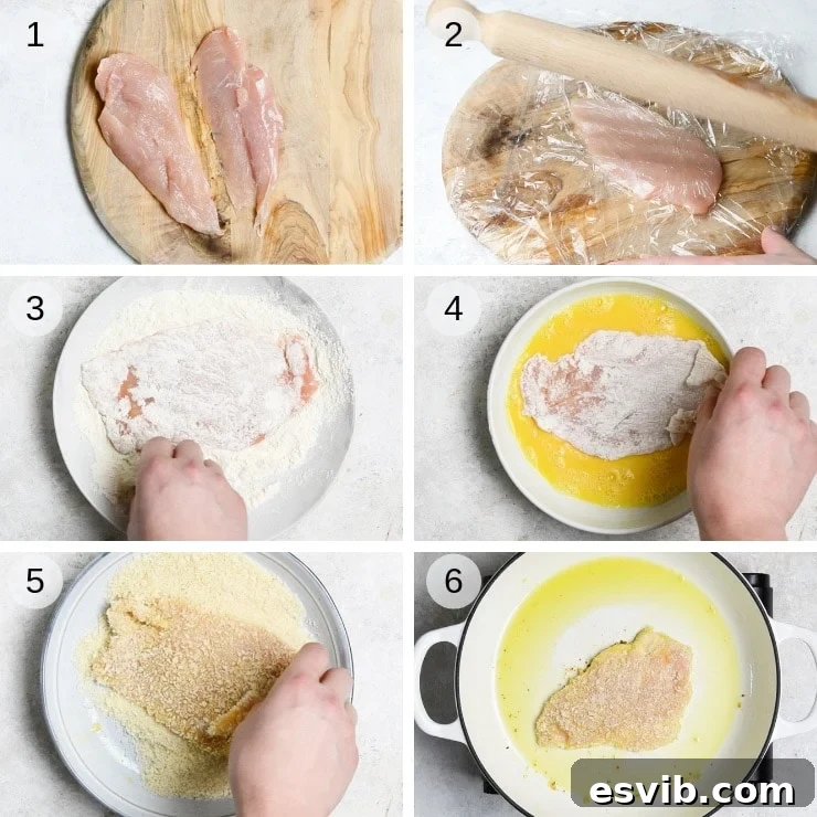 Step-by-step photos illustrating the breading process for Italian chicken cutlets: flour, egg, breadcrumbs
