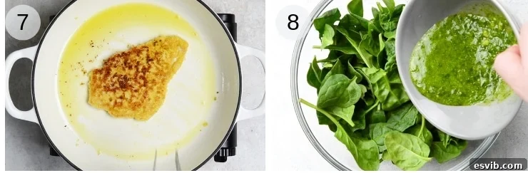 Step-by-step photos showing chicken cutlets frying in a pan and fresh spinach being tossed with pesto