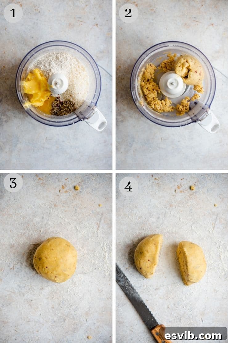 Dough Preparation for Savory Shortbread A three-panel step-by-step image showing the process of making Parmesan Cheese Cookie dough: (1) ingredients in a food processor, (2) dough beginning to clump, (3) dough formed into a smooth ball.