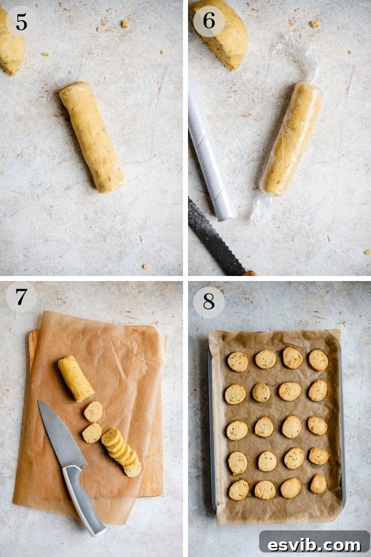 Shaping and Chilling Parmesan Cookie Dough A three-panel step-by-step image showing the shaping and chilling process for cheese cookies: (4) dough being rolled into a log, (5) two dough logs side-by-side, (6) dough logs wrapped in plastic wrap and chilling in the fridge.