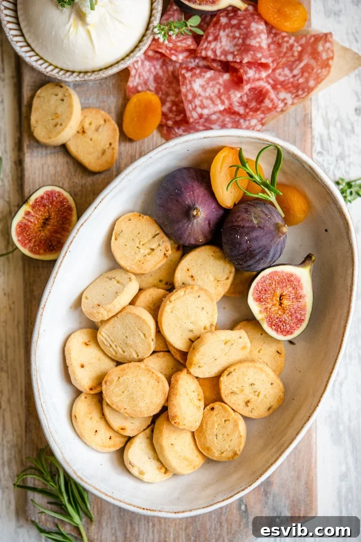 Baked Parmesan Cheese Cookies A two-panel image showing the final steps of making cheese cookies: (7) sliced dough coins arranged on a baking sheet, (8) golden-brown baked Parmesan Cheese Cookies cooling on a wire rack.