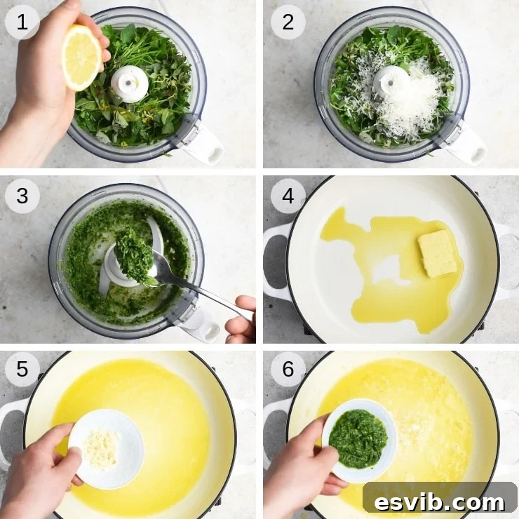 Step-by-step photos for making herby garlic butter pasta sauce, showing herbs in food processor and garlic frying