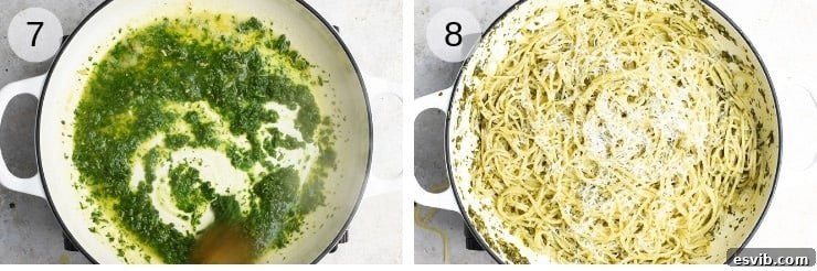 Two process shots of tossing spaghetti with herb garlic butter pasta sauce in a skillet
