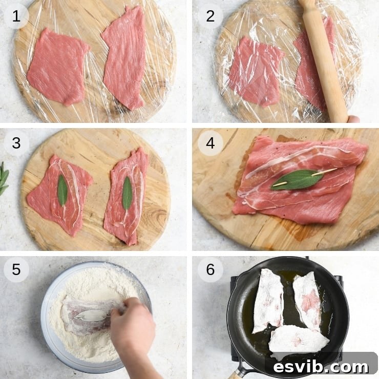 Step-by-step photos illustrating the preparation of Veal Saltimbocca, from pounding the veal cutlets to assembling them with prosciutto and sage.