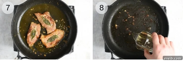 Two sequential shots showing the process of deglazing the pan with white wine to create a rich pan sauce for Veal Saltimbocca, demonstrating the scraping of fond and reduction.