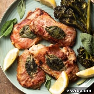 A delicious plate of Veal Saltimbocca, showcasing the crispy prosciutto and fresh sage on tender veal.