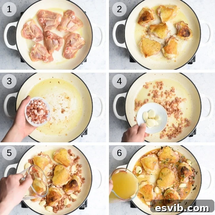 Step-by-step photos illustrating the cooking process for Creamy Tuscan Chicken, showing chicken thighs browning to a crispy finish, followed by pancetta being rendered and garlic cloves infusing their aroma into the pan.