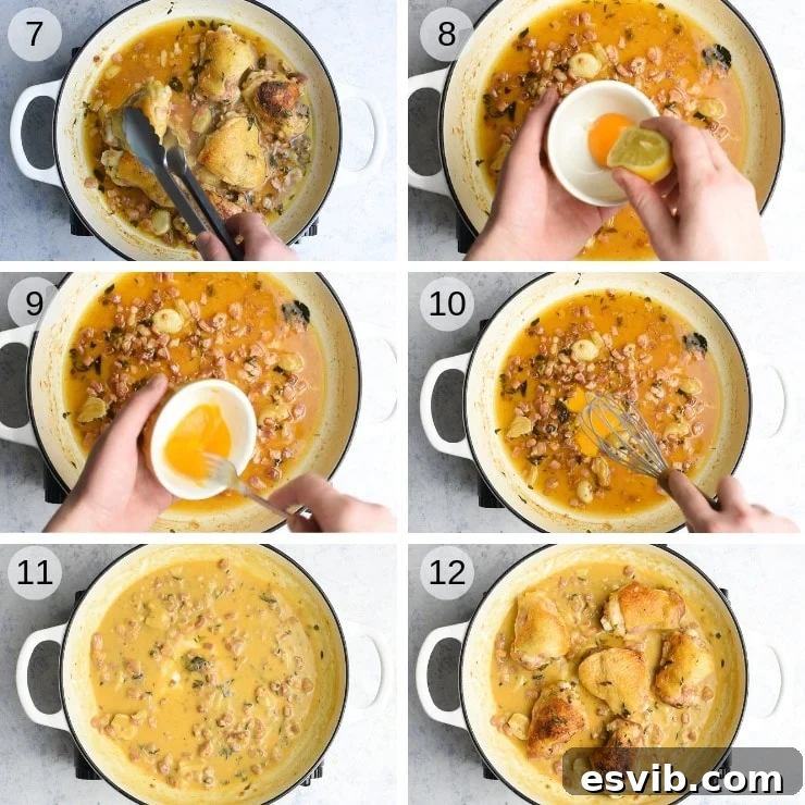 Step-by-step photos depicting further stages of making creamy Tuscan chicken without cream, showcasing the white wine reducing and the chicken stock simmering to create a concentrated, flavorful sauce base.