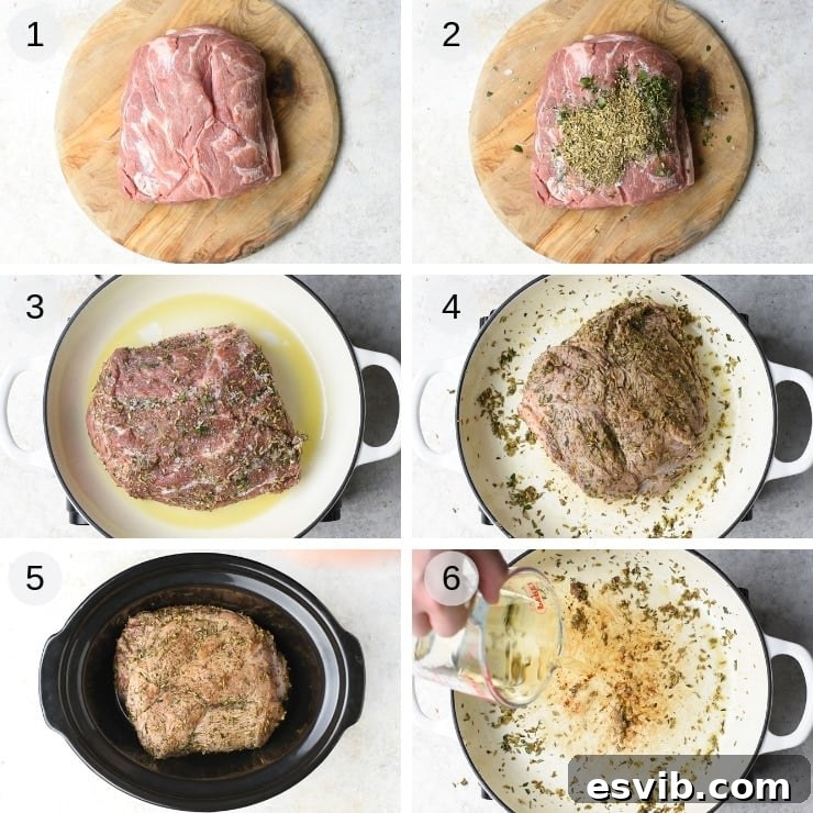 Step-by-step guide showing preparation and searing of Italian slow cooker pulled pork.