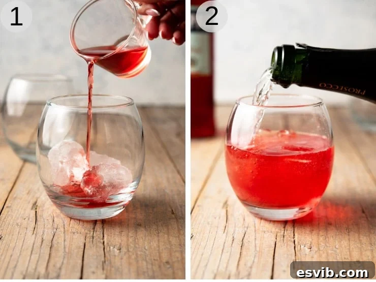A step-by-step photographic guide showing a glass being filled with ice, then Campari, followed by Prosecco and soda water, culminating in a garnished Campari Spritz.