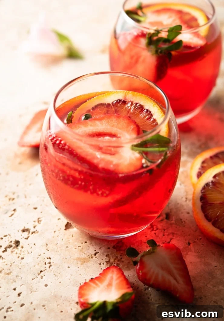 A close-up shot of a single Campari Spritz in a round glass, expertly garnished with fresh strawberry slices and an orange wedge, resting on a wooden surface.