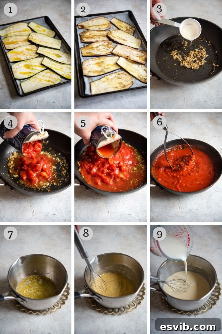 Preparing Tomato Sauce for Eggplant Lasagna Step by step photos for making an eggplant lasagna, showing initial preparation of ingredients and sauce cooking.