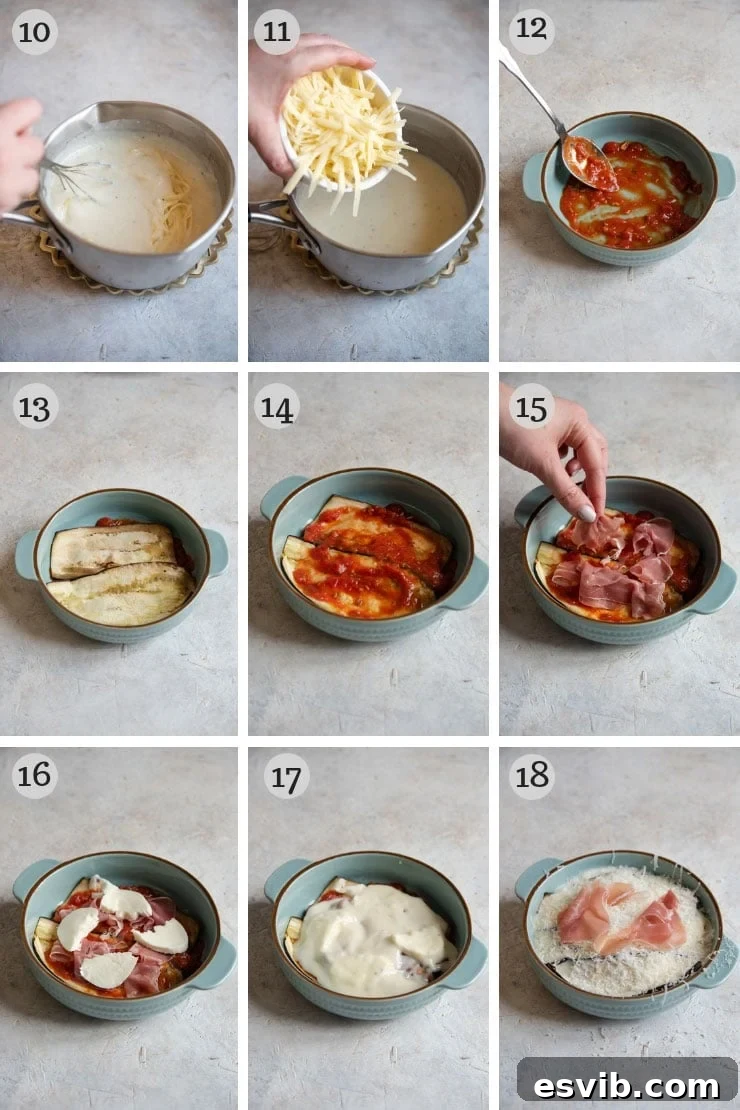 Assembling Eggplant Lasagna Layers Step by step photos for assembling an eggplant lasagna, showing the layering of ingredients like prosciutto and mozzarella.