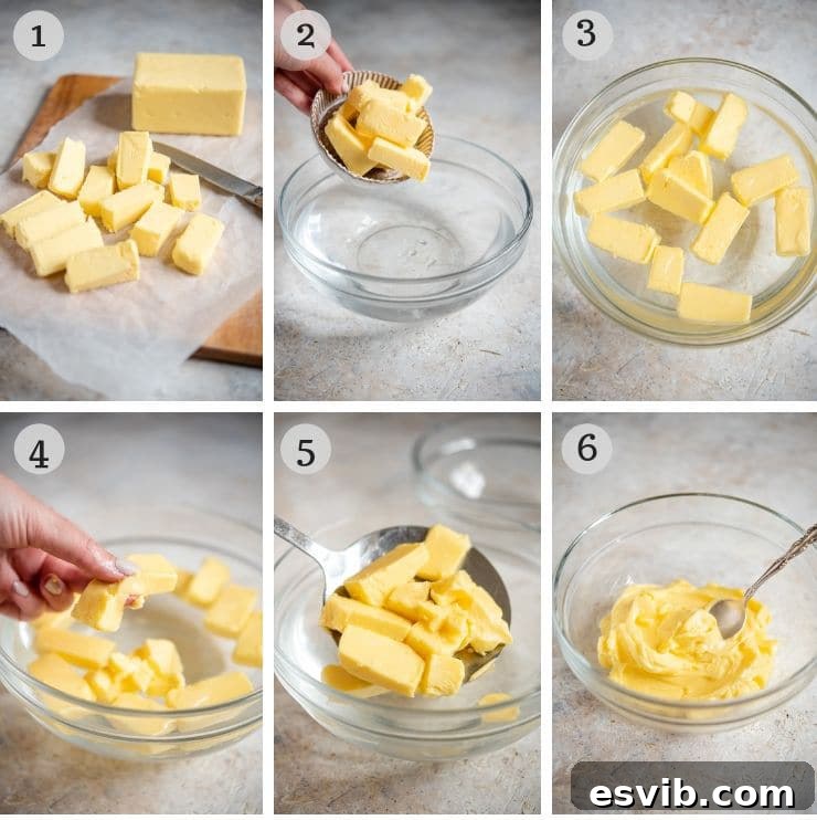 Butter Softening Step-by-Step Guide Step by step photos illustrating the water bath method for softening butter easily and quickly, showing the stages of butter preparation and immersion.