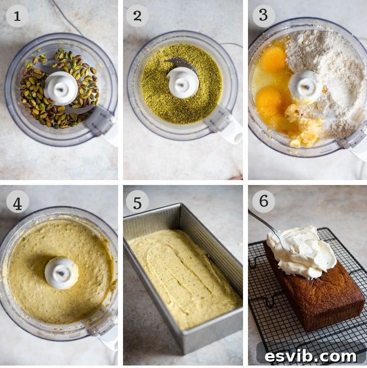 Step-by-step photos illustrating the process of making pistachio cake, from grinding pistachios to mixing batter