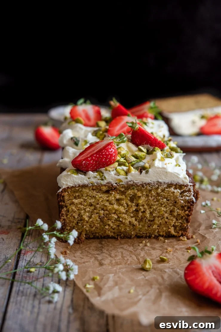 A side shot of a beautifully sliced pistachio cake resting on a wooden surface, adorned with strawberries and cream, ready to serve