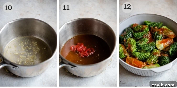 A step-by-step photo guide showcasing the creation of the simple tomato sauce for Italian stuffed cabbage rolls, from sautéing garlic to simmering with wine and stock.
