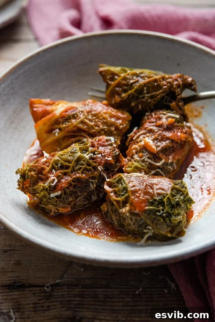 A close-up shot of individual Italian stuffed cabbage rolls in a rustic bowl, coated in a luscious tomato sauce, highlighting the texture and richness.